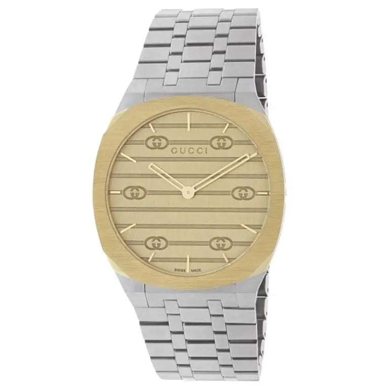Gucci Women’s Swiss Made Quartz Silver Stainless Steel Gold Dial 34mm Watch YA163403