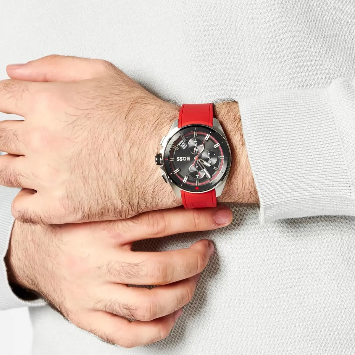 Hugo Boss Men’s Quartz Red Silicone Strap Black Dial 44mm Watch 1513959 - twentyfour