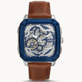 Fossil Men’s Automatic Brown Leather Strap Blue Skeleton Dial 42mm BQ2571 - twentyfour