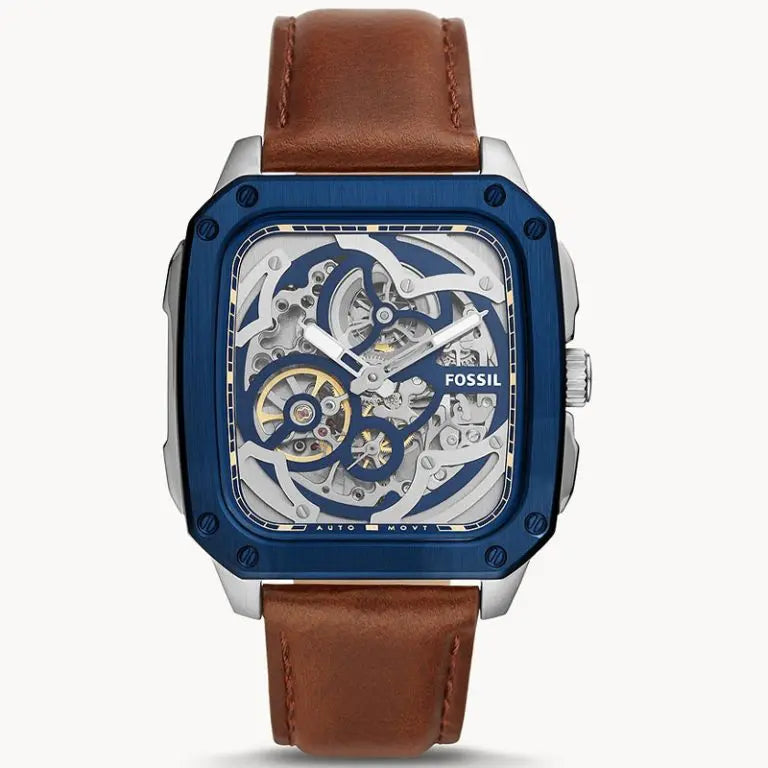 Fossil Men’s Automatic Brown Leather Strap Blue Skeleton Dial 42mm BQ2571 - twentyfour