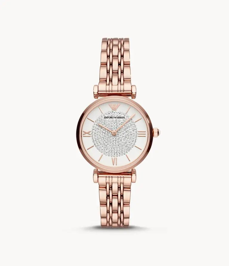 Emporio Armani Women’s Quartz Rose Gold Stainless Steel Silver Crystal Pave Dial 32mm AR11244 - twentyfour