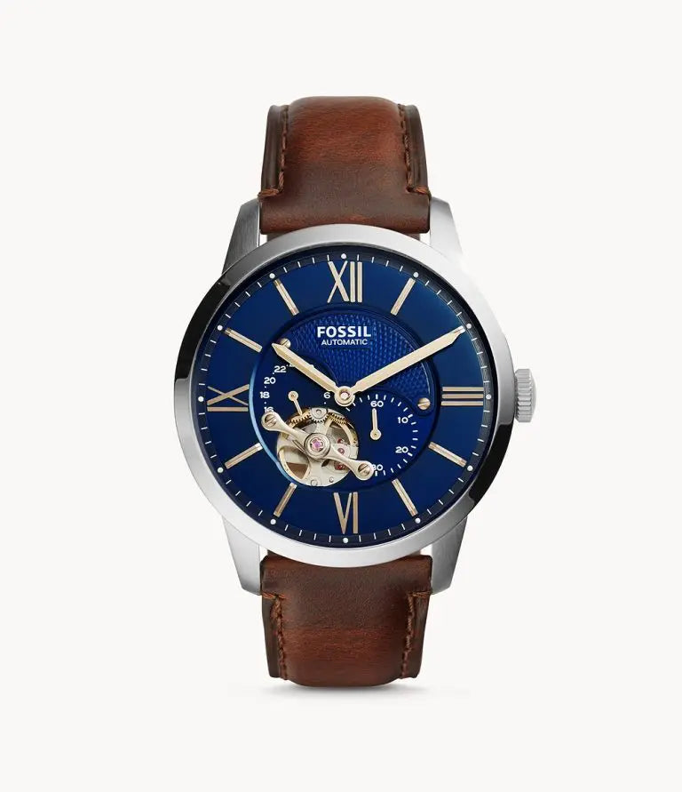 Fossil Men’s Automatic Leather Strap Blue Dial 44mm Watch ME3110 - twentyfour