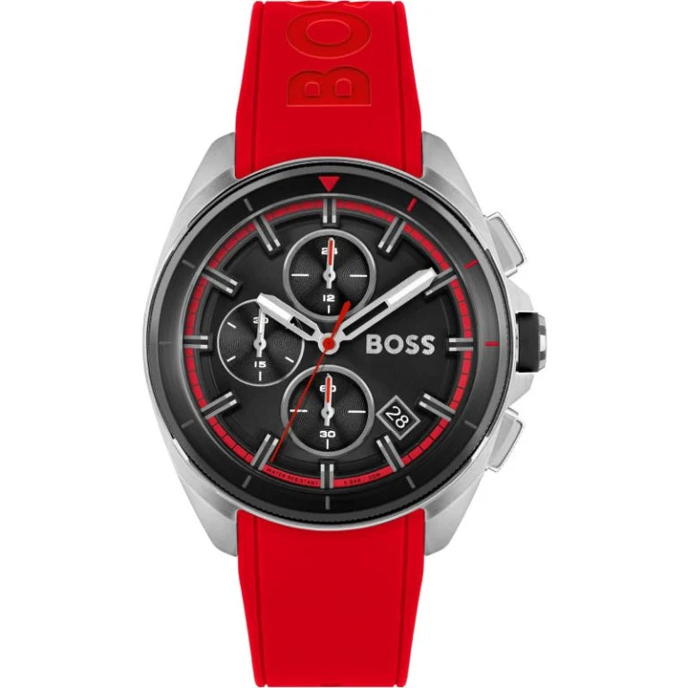 Hugo Boss Men’s Quartz Red Silicone Strap Black Dial 44mm Watch 1513959 - twentyfour