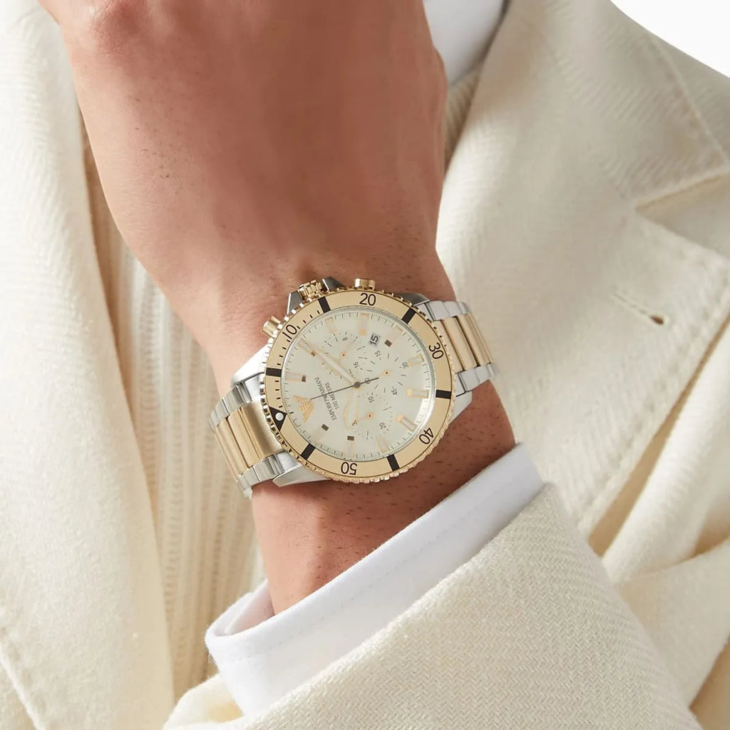 Emporio Armani Men’s Quartz Two-tone Stainless Steel Beige Dial 43mm Watch AR 11606