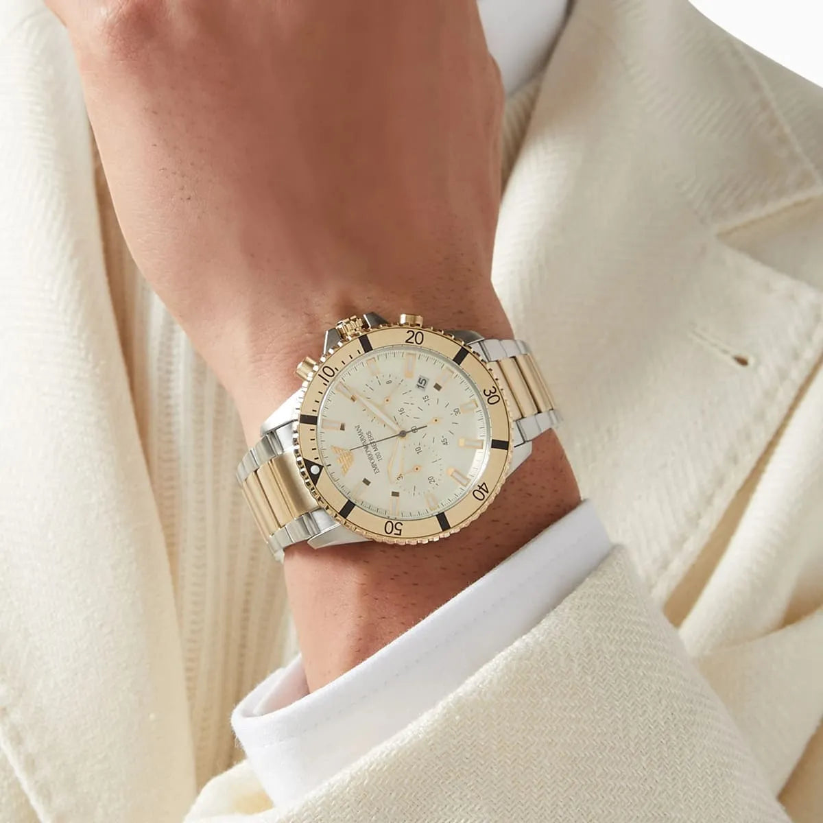 Emporio Armani Men’s Quartz Two-tone Stainless Steel Beige Dial 43mm Watch AR 11606