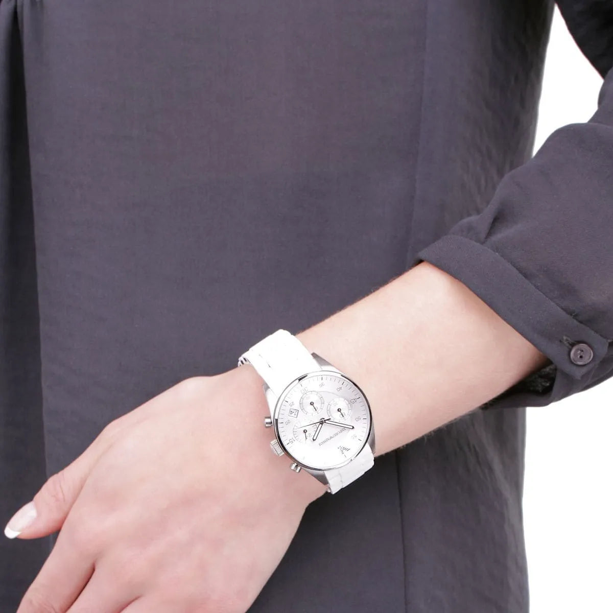 Emporio Armani Women’s | Chronograph Quartz White Silicone & Stainless Steel Chain White Dial 39mm AR5867 - twentyfour