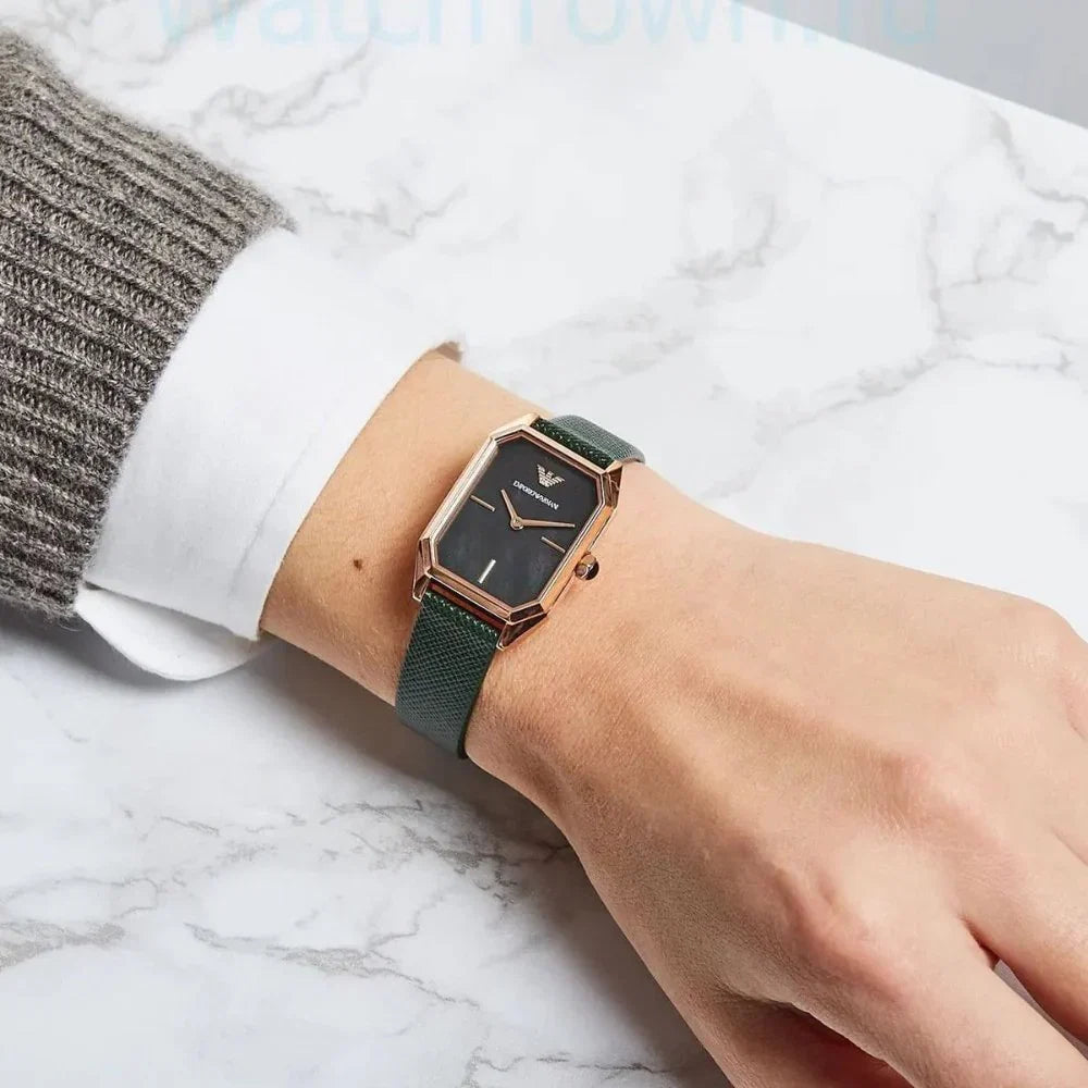 Emporio Armani Women’s Quartz Green Leather Strap Black Mother of Pearl Dial 24mm Watch AR 11149 - twentyfour