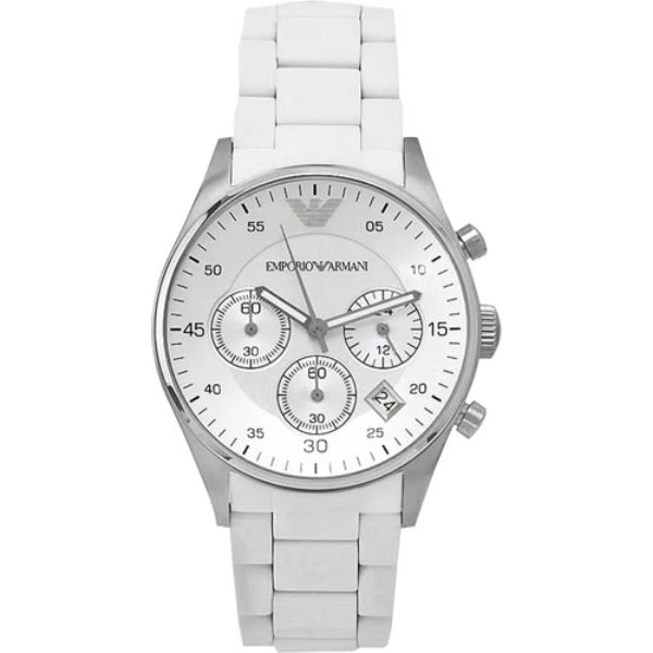 Emporio Armani Women’s | Chronograph Quartz White Silicone & Stainless Steel Chain White Dial 39mm AR5867 - twentyfour