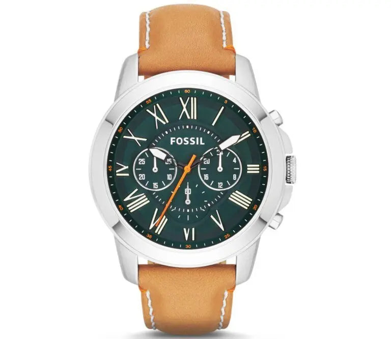 Fossil Men’s Chronograph Quartz Beige Leather Strap Green Dial 44mm Watch FS4918 - twentyfour